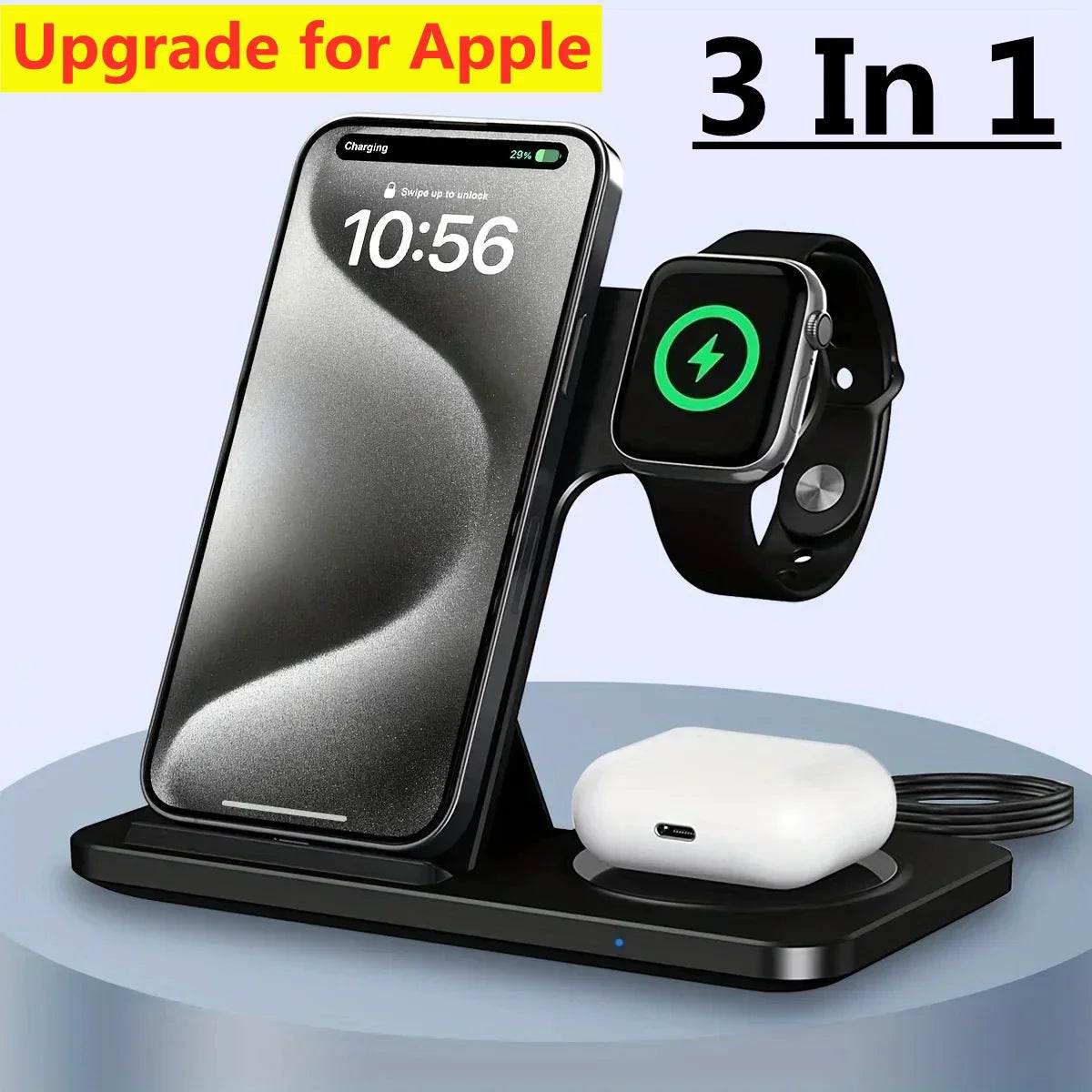 3 In 1 Wireless Charger Pad Stand Phone Holder Bracket Induction Fast Charging Station for iPhone 16 15 14 13 12 iWatch Airpods - Nuprozone
