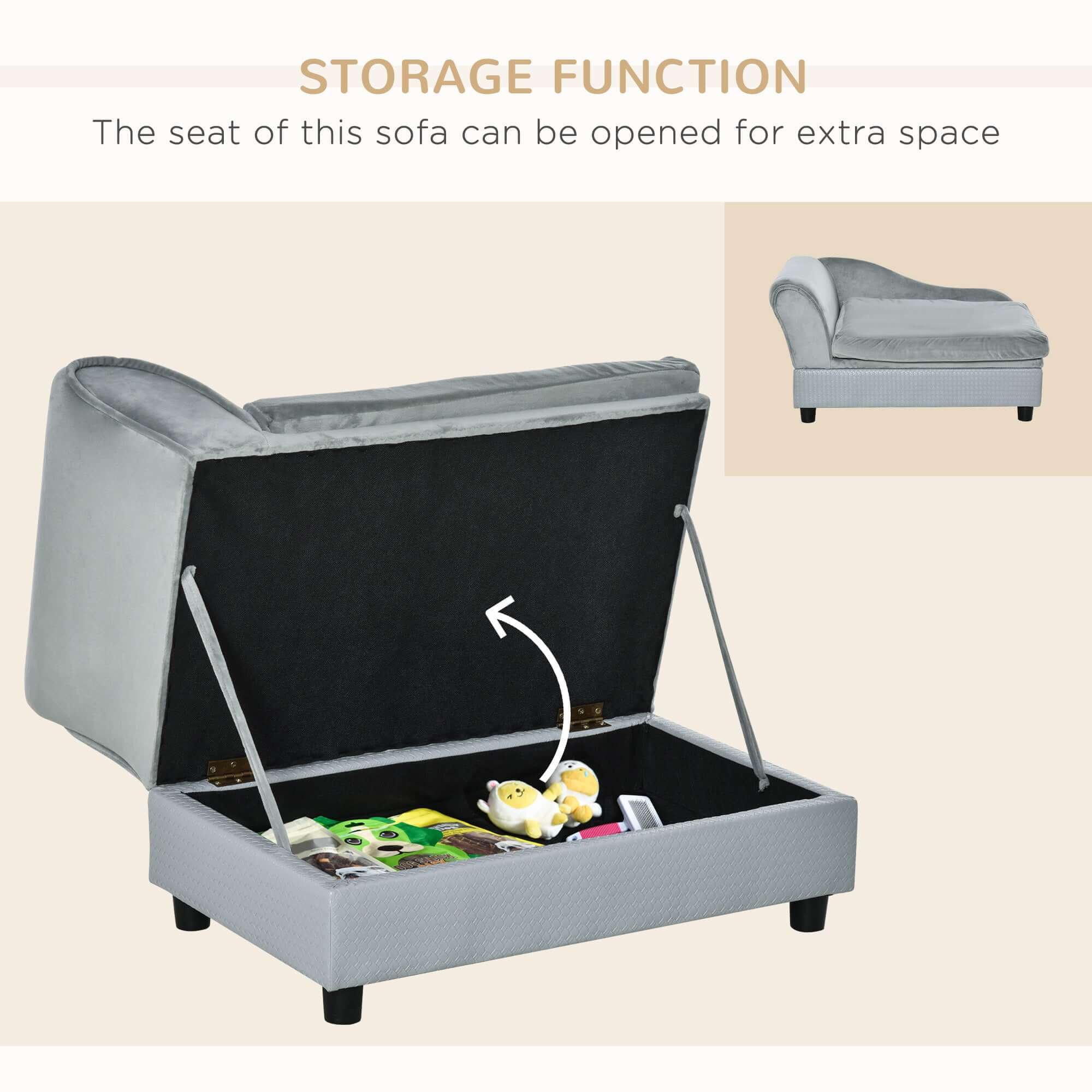 Luxury dog bed with hidden storage for toys, soft foam couch for small dogs, modern pet furniture in gray.