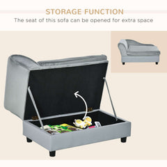 Luxury dog bed with hidden storage for toys, soft foam couch for small dogs, modern pet furniture in gray.