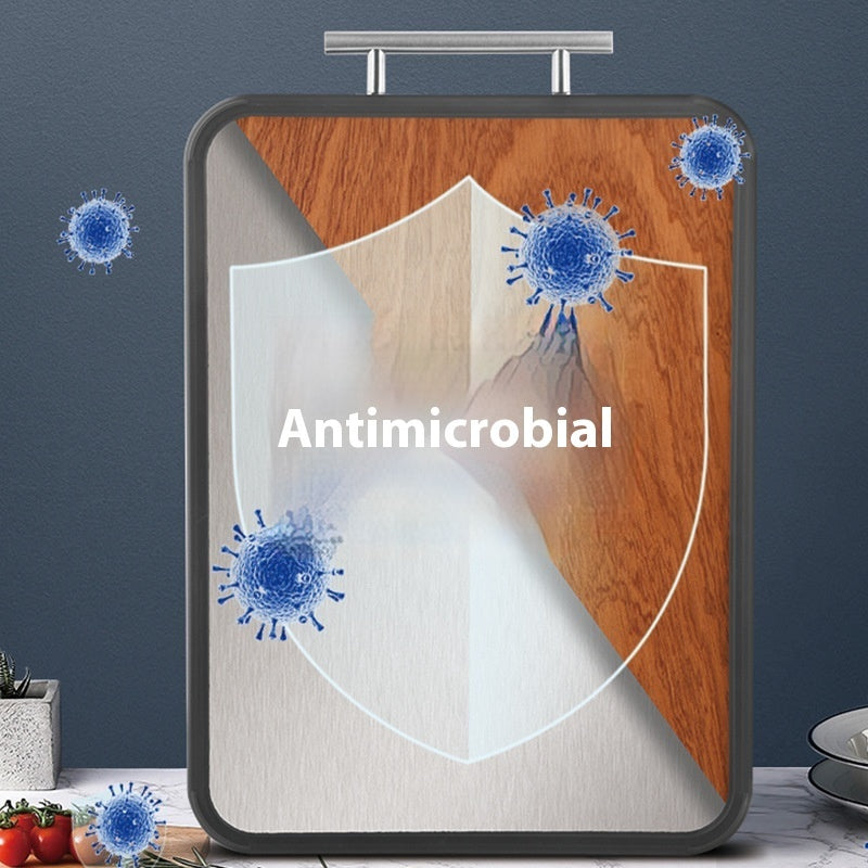 Antimicrobial titanium ebony cutting board with a protective shield graphic, emphasizing antibacterial and mildewproof features.