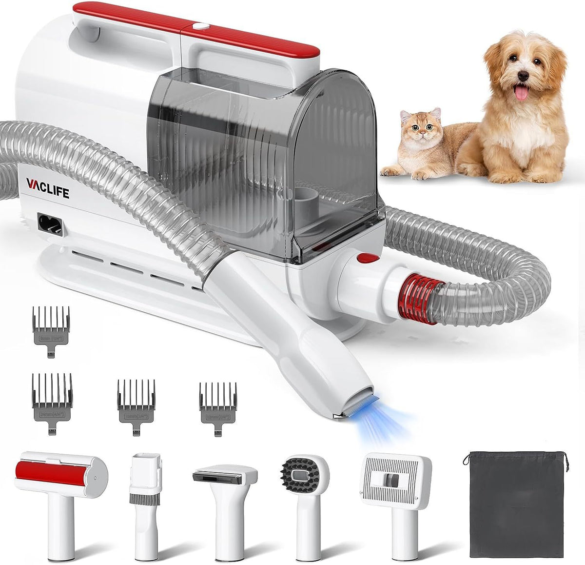 Kit de toilettage VacLife pour animaux de compagnie comprenant un aspirateur, plusieurs outils de toilettage et des accessoires, adapté aux chiens et aux chats, en blanc et rouge.