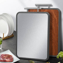 Modern titanium ebony cutting board with antibacterial and mildewproof features, dual-sided design with wood and metallic finishes.