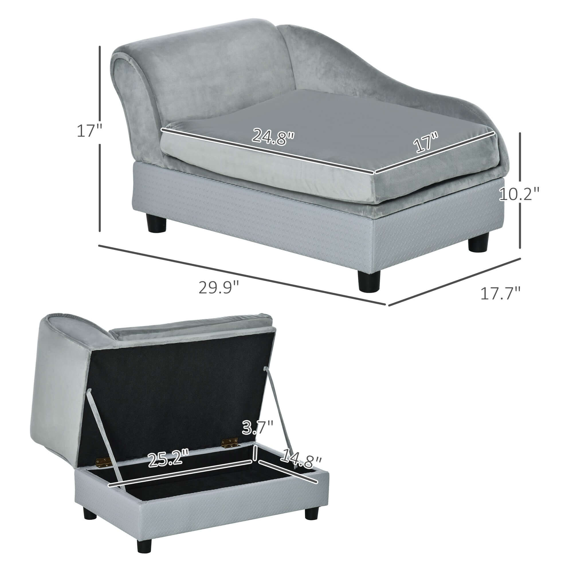Luxury small dog bed with hidden storage and soft foam, modern design in gray, perfect for pet comfort.