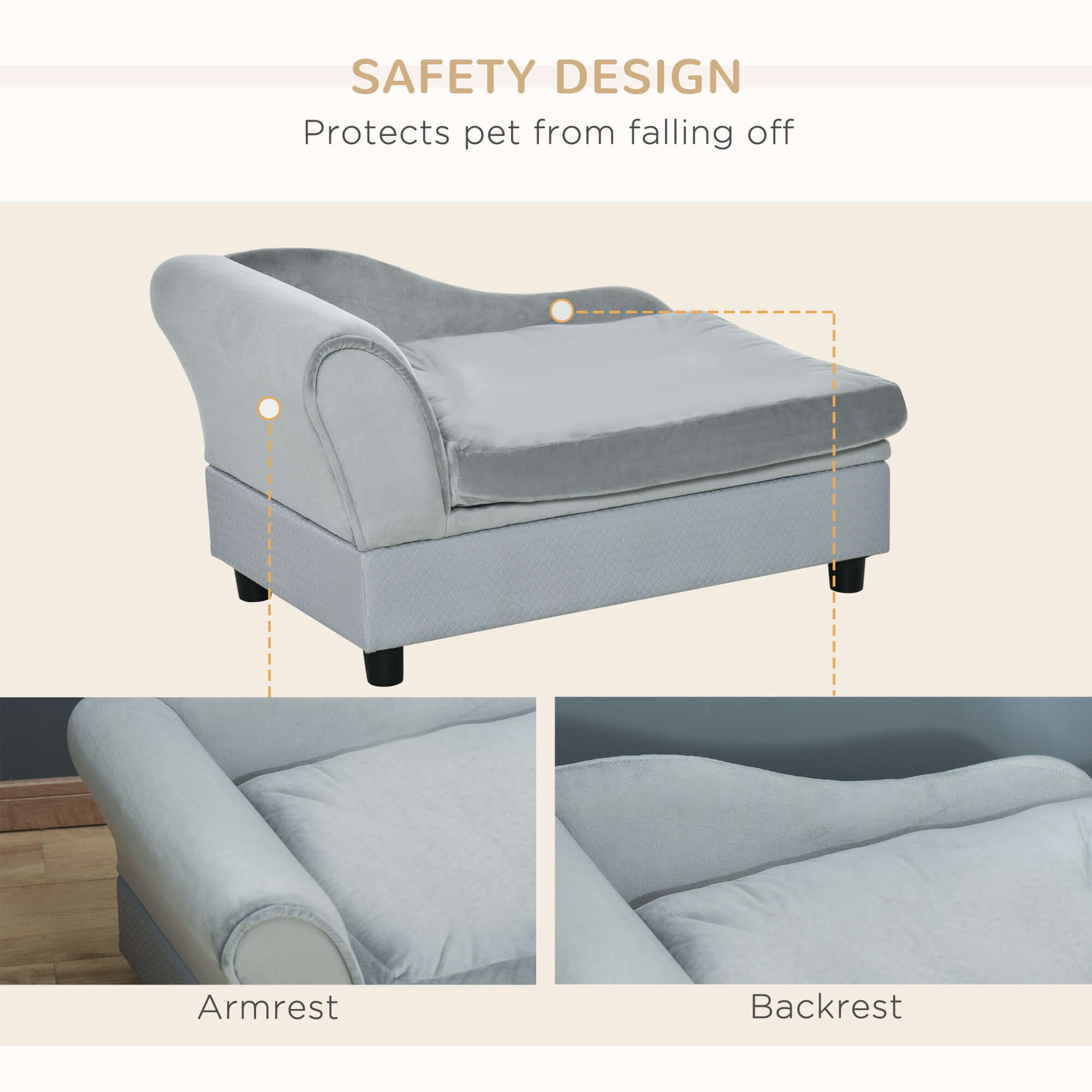 Luxury dog bed with safety design featuring armrest and backrest, ideal for small dogs and preventing falls.