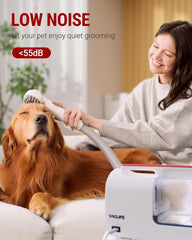 L'aspirateur de poils d'animaux VacLife est utilisé sur un golden retriever. Il permet un toilettage silencieux (moins de 55 dB) pour une expérience relaxante pour l'animal.