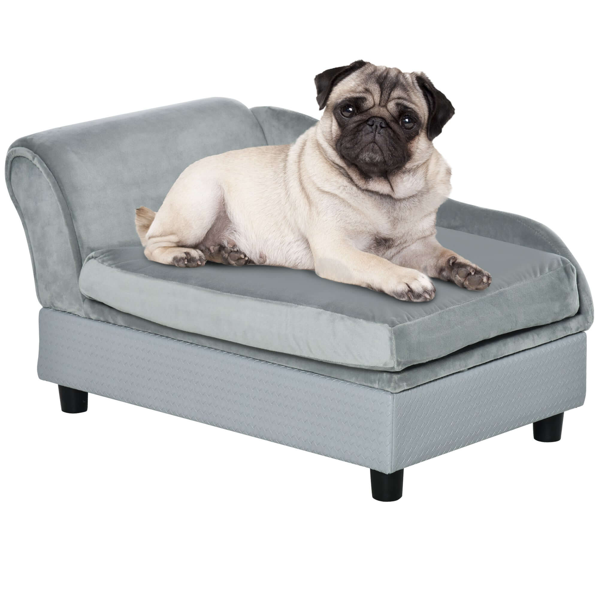Luxury gray dog bed with soft foam couch style, featuring a cute pug relaxing comfortably.