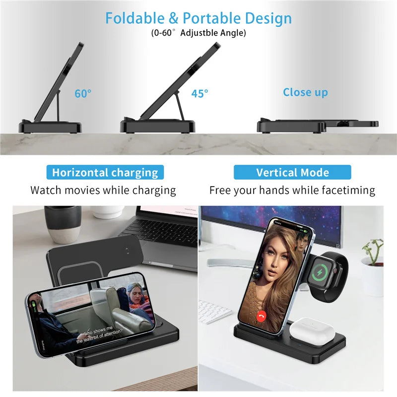 3 In 1 Wireless Charger Pad Stand Phone Holder Bracket Induction Fast Charging Station for iPhone 16 15 14 13 12 iWatch Airpods