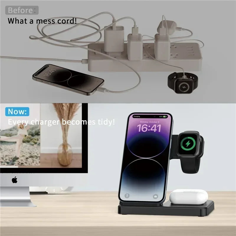 3 In 1 Wireless Charger Pad Stand Phone Holder Bracket Induction Fast Charging Station for iPhone 16 15 14 13 12 iWatch Airpods