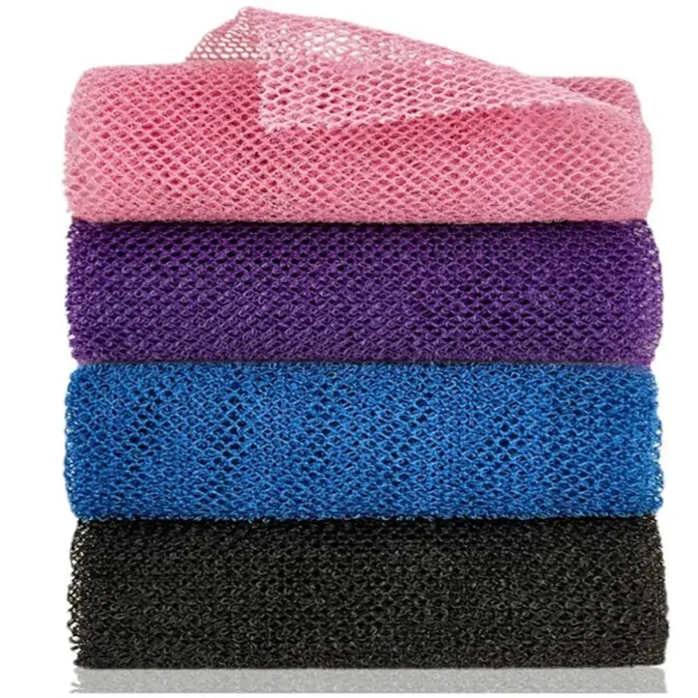 Stack of four colorful exfoliating mesh sponges in pink, purple, blue, and black for effective skin cleansing.