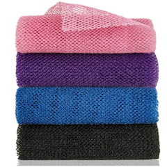 Stack of four colorful exfoliating mesh sponges in pink, purple, blue, and black for effective skin cleansing.