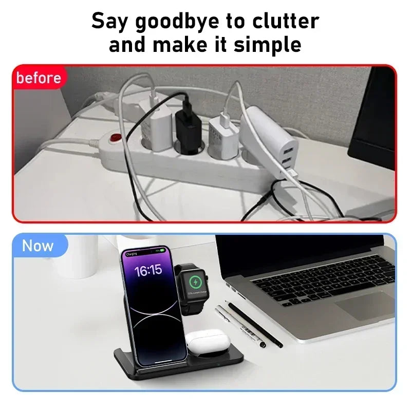 3 In 1 Wireless Charger Pad Stand Phone Holder Bracket Induction Fast Charging Station for iPhone 16 15 14 13 12 iWatch Airpods