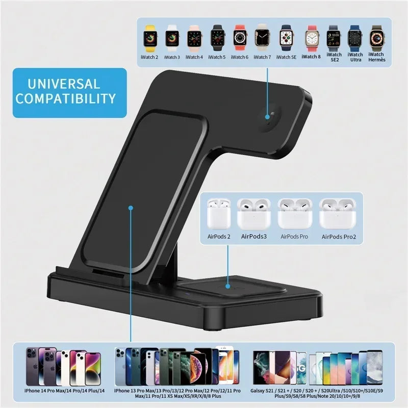 3 In 1 Wireless Charger Pad Stand Phone Holder Bracket Induction Fast Charging Station for iPhone 16 15 14 13 12 iWatch Airpods