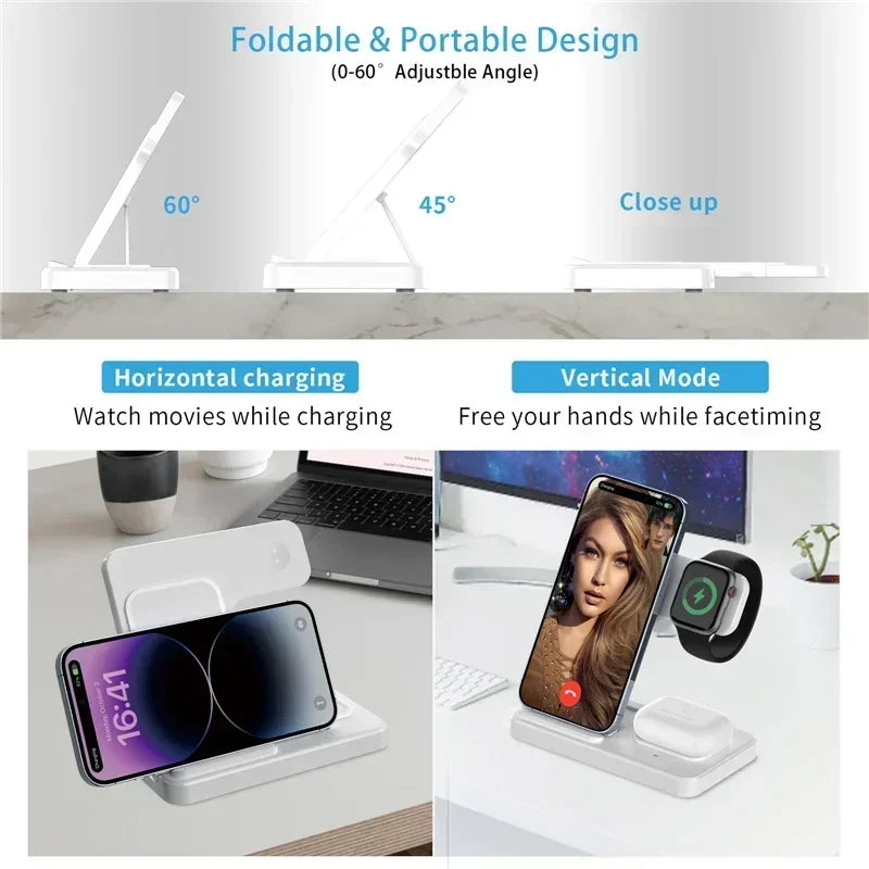 3 In 1 Wireless Charger Pad Stand Phone Holder Bracket Induction Fast Charging Station for iPhone 16 15 14 13 12 iWatch Airpods