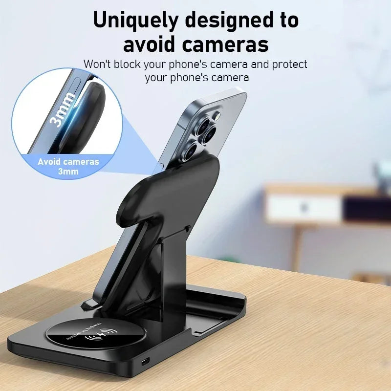 3 In 1 Wireless Charger Pad Stand Phone Holder Bracket Induction Fast Charging Station for iPhone 16 15 14 13 12 iWatch Airpods
