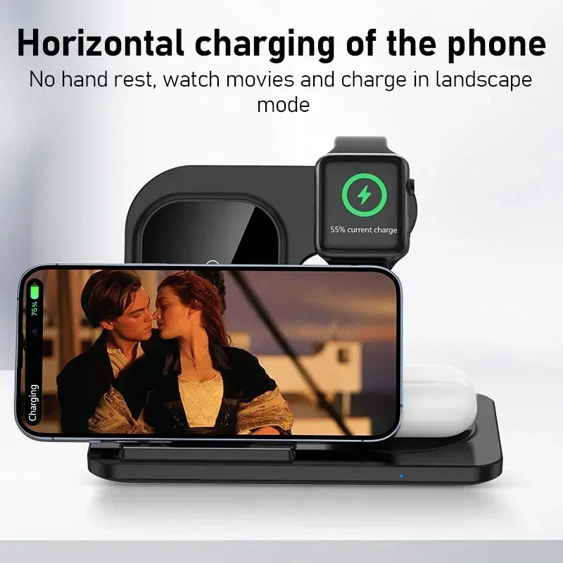 3 In 1 Wireless Charger Pad Stand Phone Holder Bracket Induction Fast Charging Station for iPhone 16 15 14 13 12 iWatch Airpods