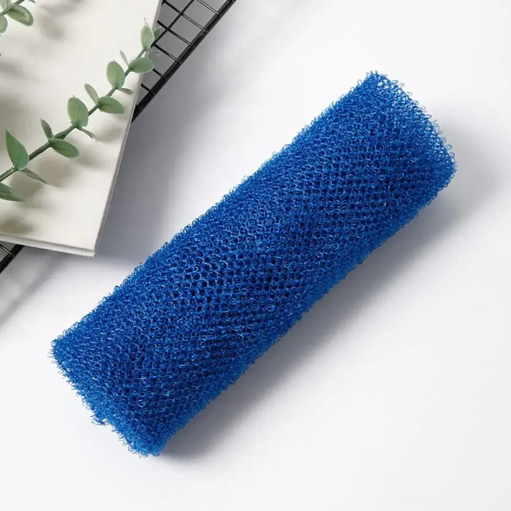Blue exfoliating mesh net sponge for smoother skin, designed for effective cleansing and rich foaming.