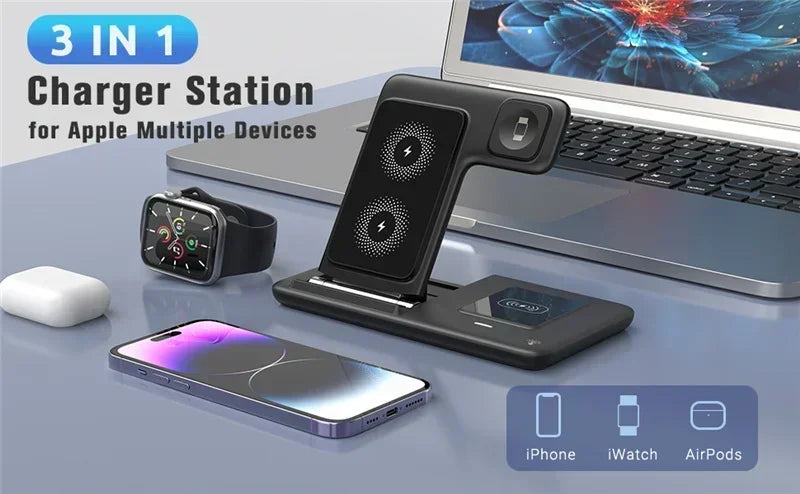 3 In 1 Wireless Charger Pad Stand Phone Holder Bracket Induction Fast Charging Station for iPhone 16 15 14 13 12 iWatch Airpods
