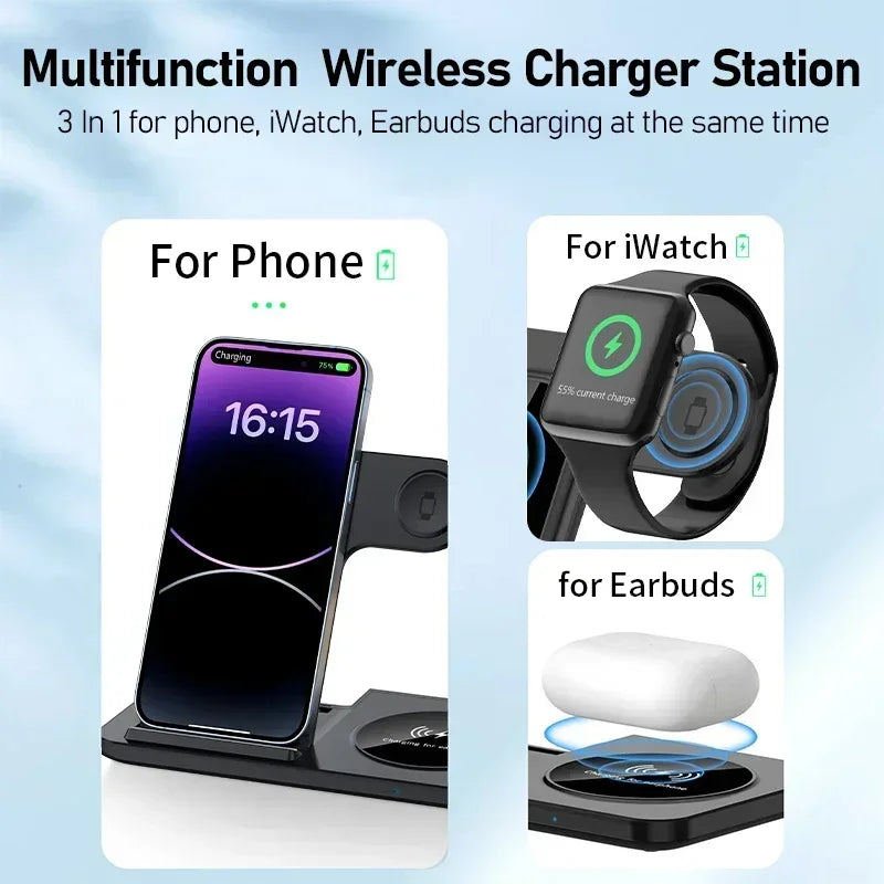 3 In 1 Wireless Charger Pad Stand Phone Holder Bracket Induction Fast Charging Station for iPhone 16 15 14 13 12 iWatch Airpods