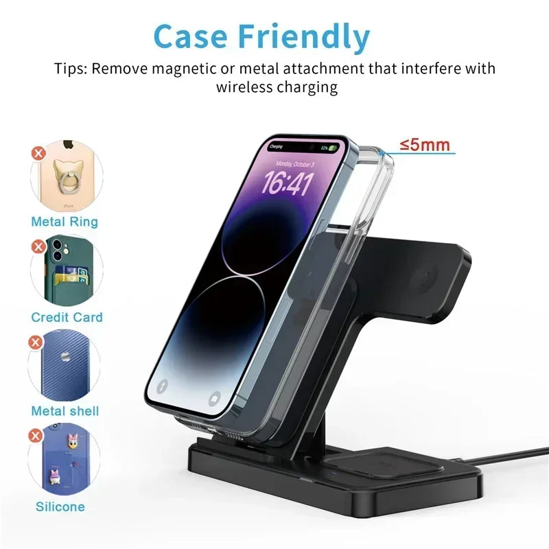 3 In 1 Wireless Charger Pad Stand Phone Holder Bracket Induction Fast Charging Station for iPhone 16 15 14 13 12 iWatch Airpods