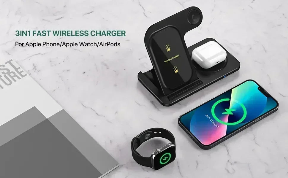 3 In 1 Wireless Charger Pad Stand Phone Holder Bracket Induction Fast Charging Station for iPhone 16 15 14 13 12 iWatch Airpods