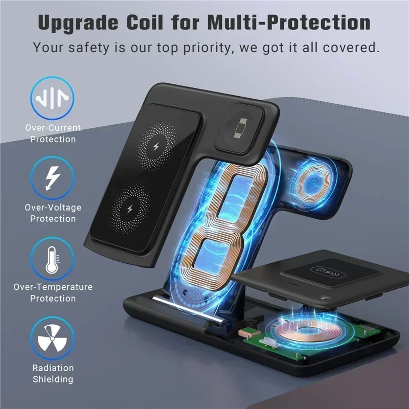 3 In 1 Wireless Charger Pad Stand Phone Holder Bracket Induction Fast Charging Station for iPhone 16 15 14 13 12 iWatch Airpods