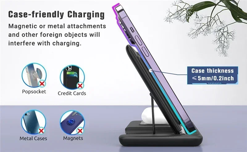 3 In 1 Wireless Charger Pad Stand Phone Holder Bracket Induction Fast Charging Station for iPhone 16 15 14 13 12 iWatch Airpods