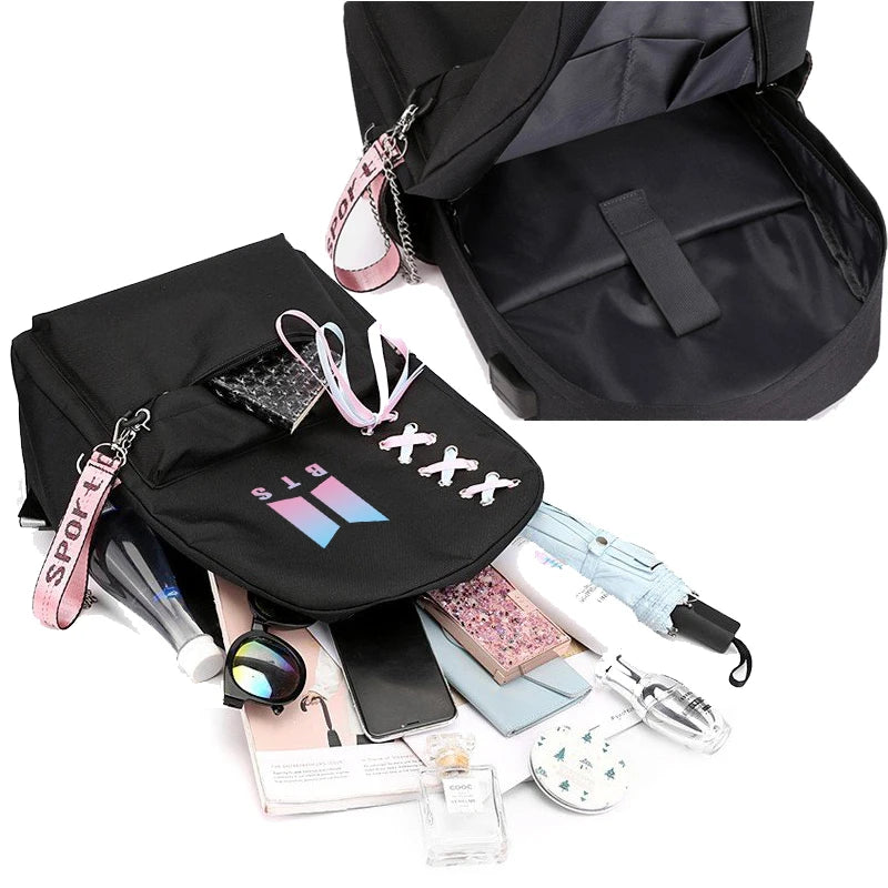 School Backpack for College Students Fashion Trend Travel Backpack USB Charging Laptop Bagpack Black School Bags for Teenager