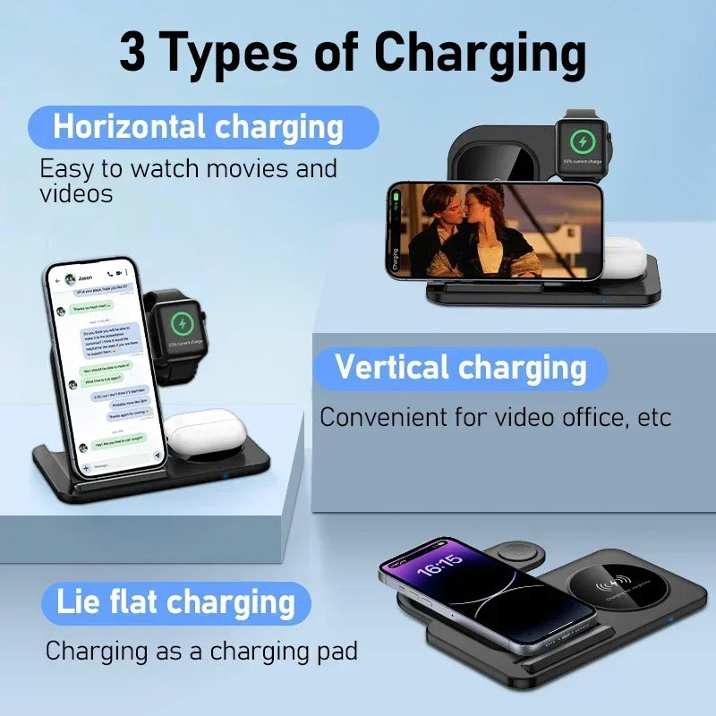 3 In 1 Wireless Charger Pad Stand Phone Holder Bracket Induction Fast Charging Station for iPhone 16 15 14 13 12 iWatch Airpods