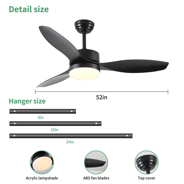 52 Inch Indoor And Outdoor Ceiling Fan With LED Selected Light Kit - Black