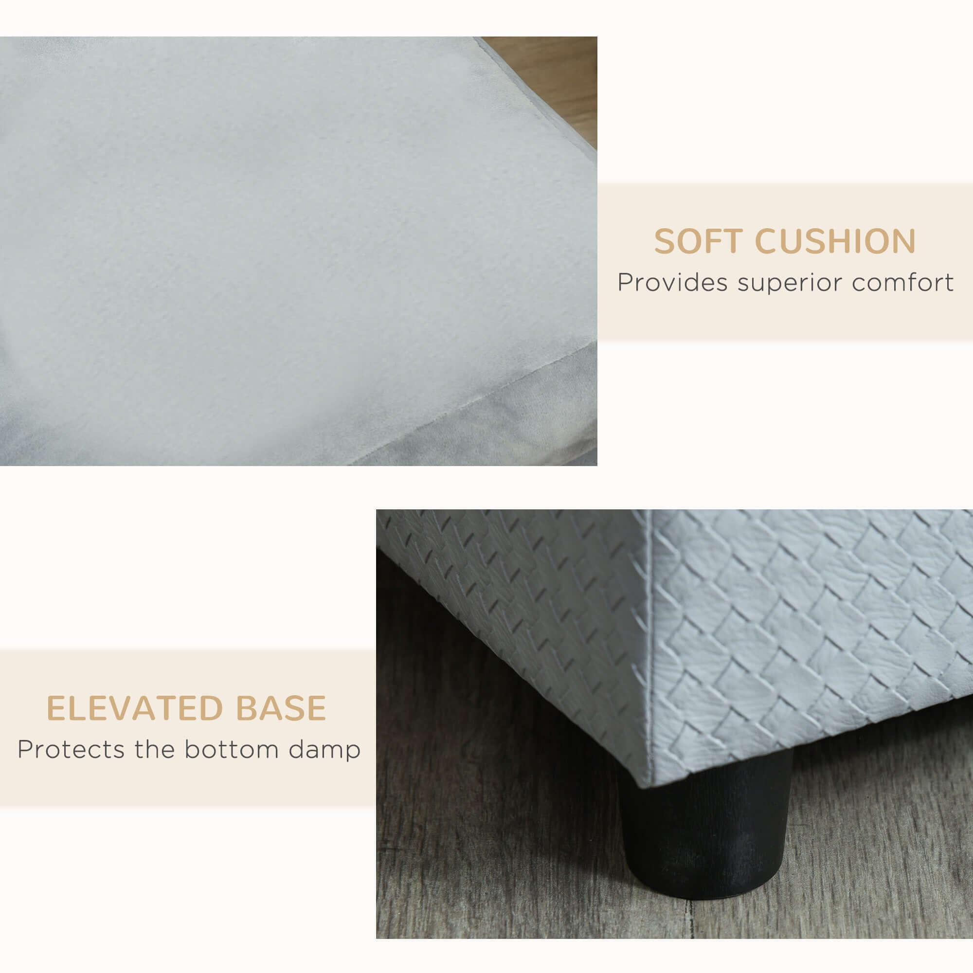 Luxury dog bed features soft cushion for comfort and elevated base for moisture protection.