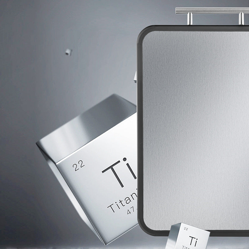 Titanium cutting board with a sleek metallic finish, highlighting its rust-free and antibacterial properties with titanium element symbols.