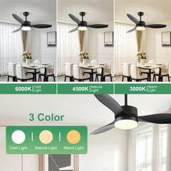 52 Inch Indoor And Outdoor Ceiling Fan With LED Selected Light Kit - Black