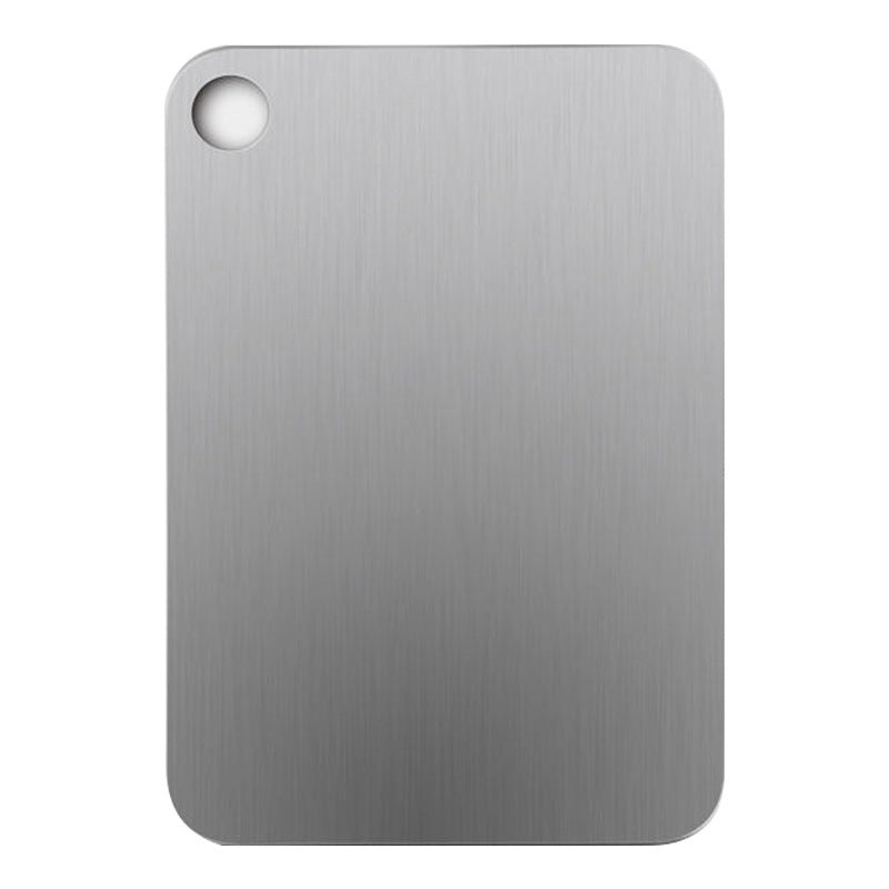 Minimalist titanium cutting board with a brushed metallic surface and hanging hole, ideal for modern kitchens.