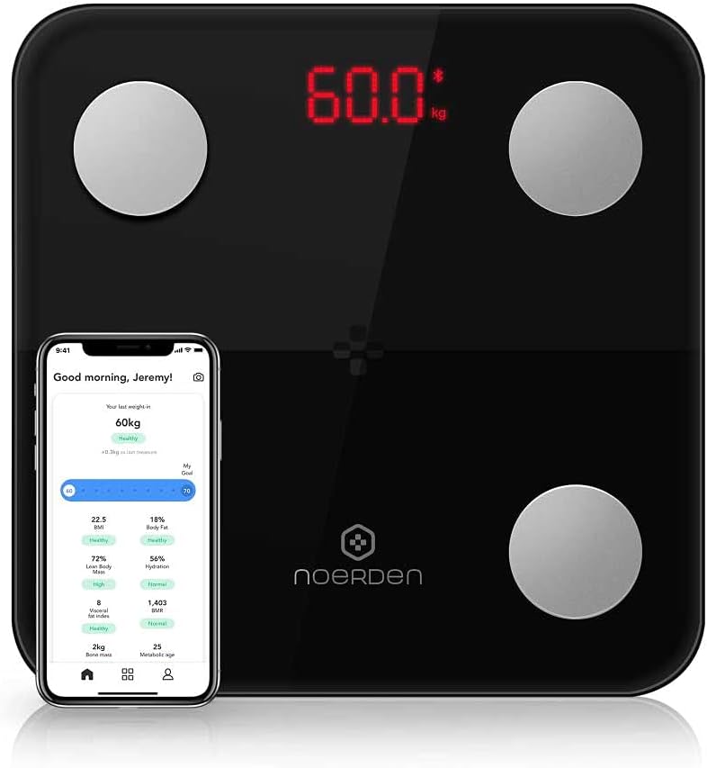 NOERDEN - Smart Body Scale Minimi - Scale for Body Weight with Step - On Technology, Bluetooth, LED Display, Tempered Glass, BIA Advanced Technology, 4 Precision Sensors - 9 Biometrics Analysis - Black - Nuprozone