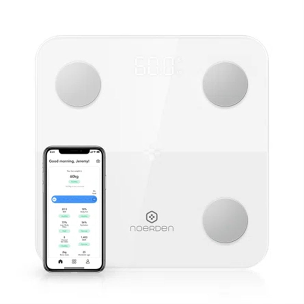 NOERDEN - Smart Body Scale Minimi - Scale for Body Weight with Step - On Technology, Bluetooth, LED Display, Tempered Glass, BIA Advanced Technology, 4 Precision Sensors - 9 Biometrics Analysis - Black - Nuprozone