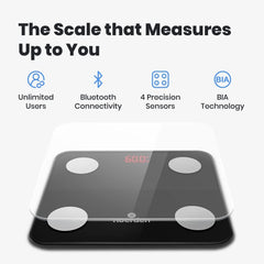 NOERDEN - Smart Body Scale Minimi - Scale for Body Weight with Step - On Technology, Bluetooth, LED Display, Tempered Glass, BIA Advanced Technology, 4 Precision Sensors - 9 Biometrics Analysis - Black - Nuprozone